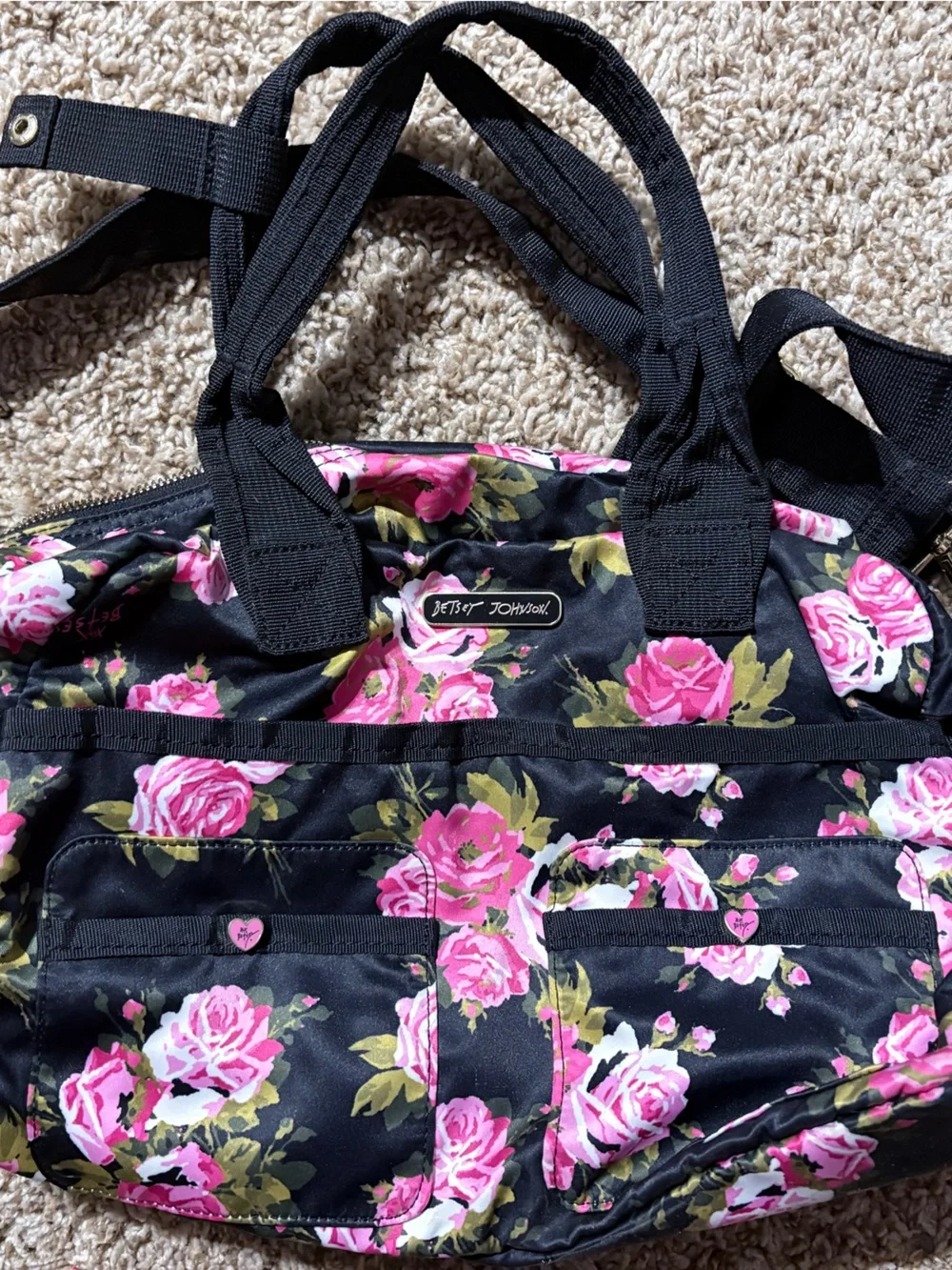 Betsey Johnson Black Tote with Pink Rose Print